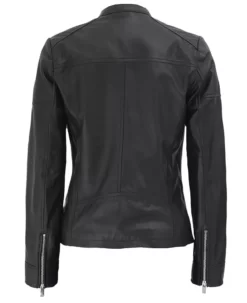 Maude Black Textured Real Leather Jacket for Women