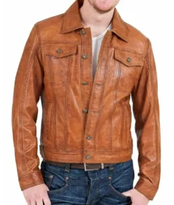 Max Men’s Brown Distressed Fitted Leather Trucker Jacket