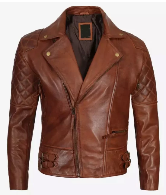 Men Premium Cognac Waxed Motorcycle Real Leather Jacket