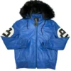 Men's 8 Ball Blue Bomber Fur Hooded Leather Jacket