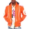 Men's 8 Ball Color Block Orange Fur Hood Bomber Leather Jacket