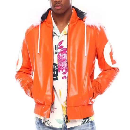 Men's 8 Ball Color Block Orange Fur Hood Bomber Leather Jacket