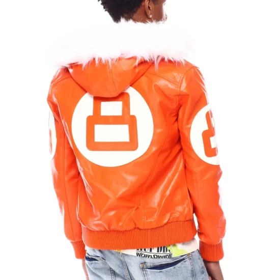 Men's 8 Ball Color Block Orange and White Fur Hooded Bomber Leather Jacket