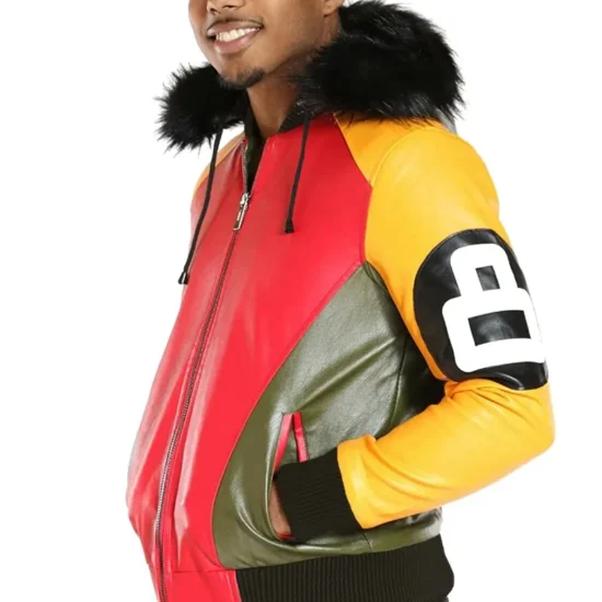 Men’s 8 Ball Robert Phillipe Multi Color Fur Hooded Leather Jacket