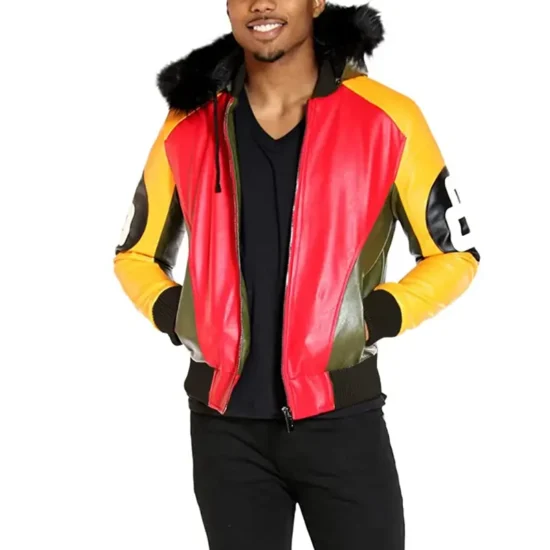 Men’s 8 Ball Robert Phillipe Red Fur Hooded Genuine Leather Jacket