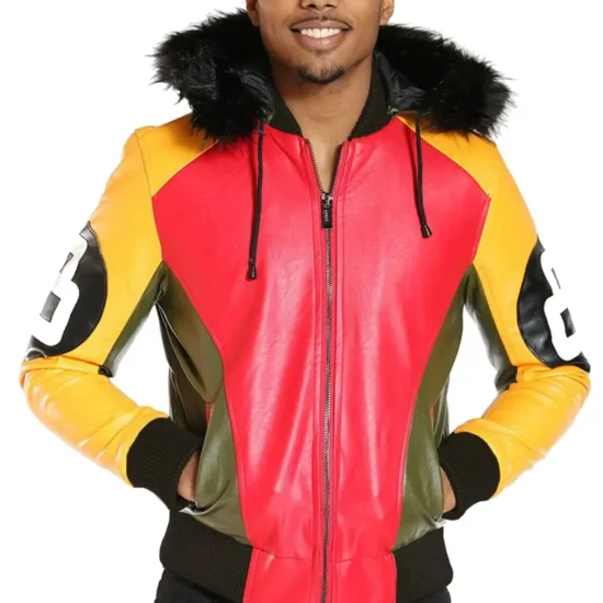 Men’s 8 Ball Robert Phillipe Red Fur Hooded Leather Jacket