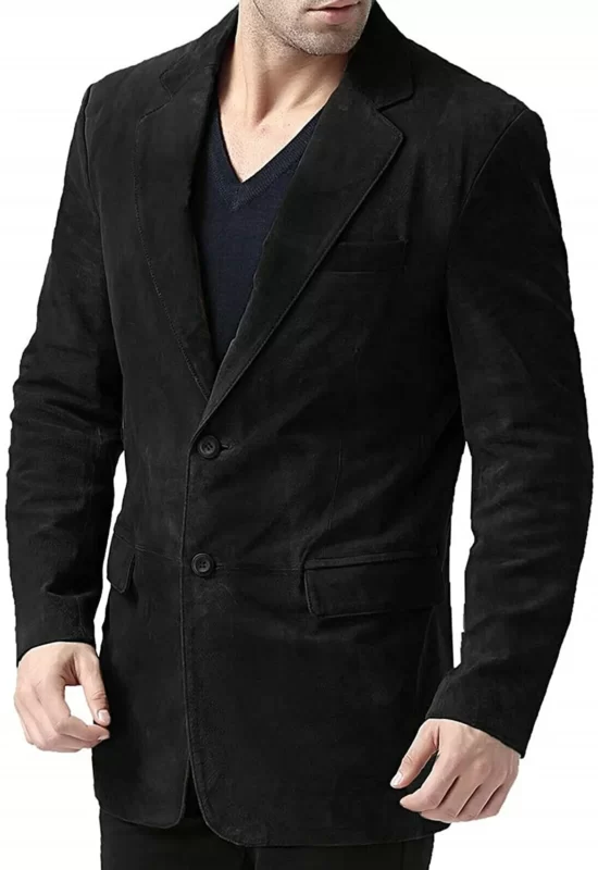 Mens Black Classic Formal Top Suede Leather Blazer