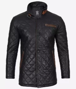 Men's Black Diamond Quilted Premium Quality Pure Leather Car Coat
