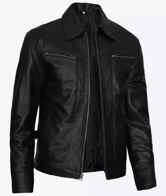 Mens Black Scott Shirt Collar Biker Top Grain Leather Jacket