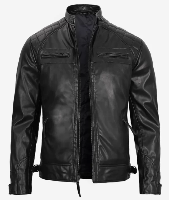 Mens Black Vegan Leather Quilted Moto Jacket