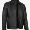 Men's Black Vintage Shirt Collar Real Vegan Full Grain Leather Jacket