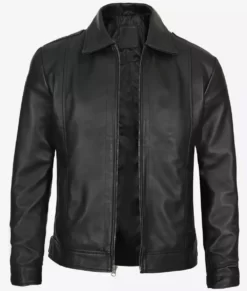 Men's Black Vintage Shirt Collar Vegan Top Grain Leather Jacket