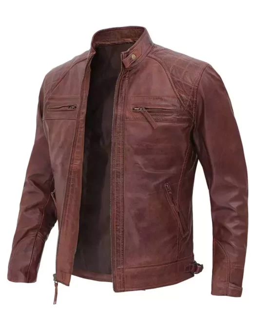 Mens Cognac Brown Quilted Biker Leather Jacket