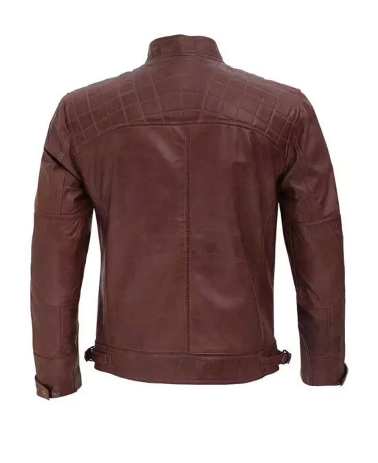 Mens Cognac Brown Quilted Biker Leather Jacket Back