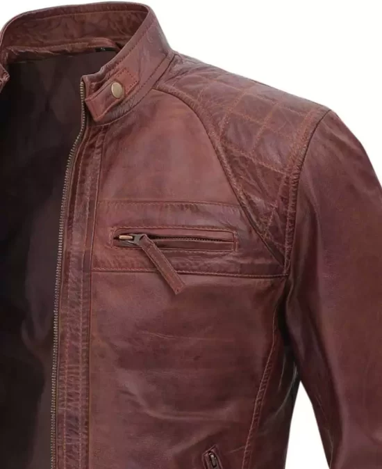 Mens Cognac Brown Quilted Biker Leather Jacket Pockets