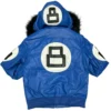 Men's Eight Ball Blue Bomber Leather Jacket with Fur Hood