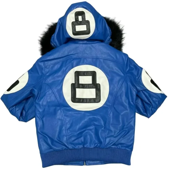 Men's Eight Ball Blue Bomber Leather Jacket with Fur Hood