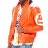 Men's Eight Ball Color Block Orange and White Fur Hooded Bomber Leather Jacket