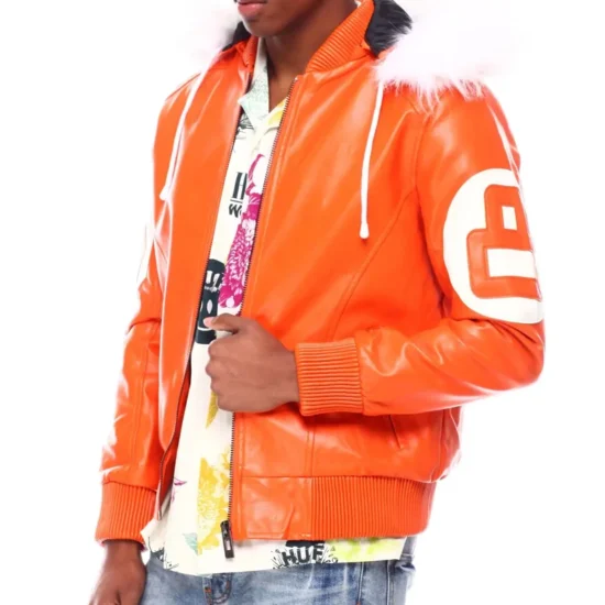 Men's Eight Ball Color Block Orange and White Fur Hooded Bomber Leather Jacket