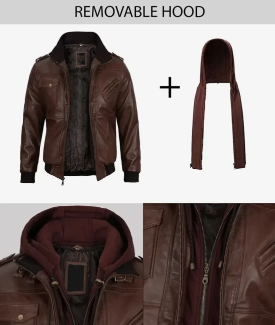 Men's Full Genuine Leather Bomber Jacket With Removable Hood