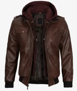 Men's Full Genuine Leather Dark Brown Bomber Jacket With Removable Hood