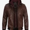 Men's Full Genuine Leather Dark Brown Jacket With Removable Hood