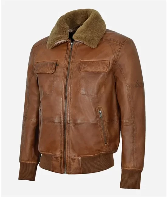 Men’s Fur Collar Real Brown Bomber Jacket