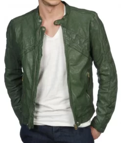 Mens-Green-Leather-Jacket Front Open