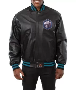 Mens Hornets Black Real Leather Varsity Jacket