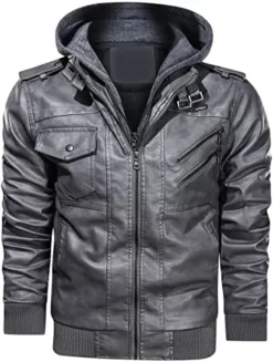Mens Motorcycle Best Bomber Removable Hood Grey Leather Jacket