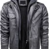 Mens Motorcycle Genuine Bomber Removable Hood Grey Leather Jacket