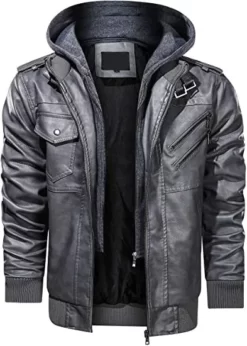 Mens Motorcycle Genuine Bomber Removable Hood Grey Leather Jacket