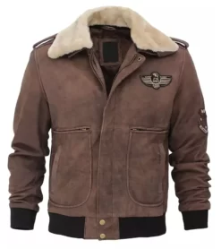 Mens Pierson G1 Bomber Real Leather Brown Shearling Collar Jacket