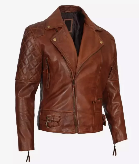 Men's Premium Cognac Waxed Motorcycle Top Grain Leather Jacket