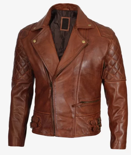 Mens Premium Cognac Waxed Top Leather Jacket