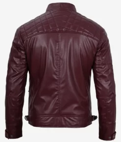 Mens Pure Vegan Leather Burgundy Quilted Moto Jacket