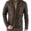Men’s Quilted Shoulder Brown Real Leather Jacket
