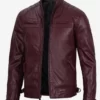 Mens Real Vegan Leather Burgundy Quilted Moto Jacket