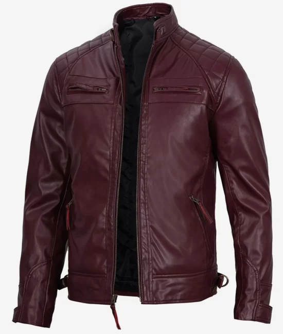 Mens Real Vegan Leather Burgundy Quilted Moto Jacket