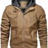 Mens Removable Hood Best Bomber Khaki Leather Jacket