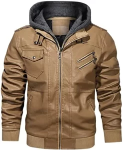 Mens Removable Hood Best Bomber Khaki Leather Jacket