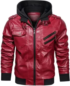 Mens Removable Hood Biker Bomber Best Red Leather Jacket