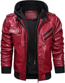 Mens Removable Hood Biker Bomber Genuine Red Leather Jacket