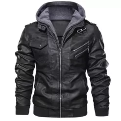 Men's Removable Hood Black Full Genuine Leather Jackets