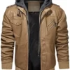Mens Removable Hood Geniune Bomber Khaki Leather Jacket