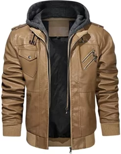 Mens Removable Hood Geniune Bomber Khaki Leather Jacket