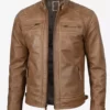 Mens Tall Camel Biker Quilted Genuine Leather Jacket