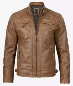 Mens Tall Camel Brown Biker Quilted Full Genuine Leather Jacket