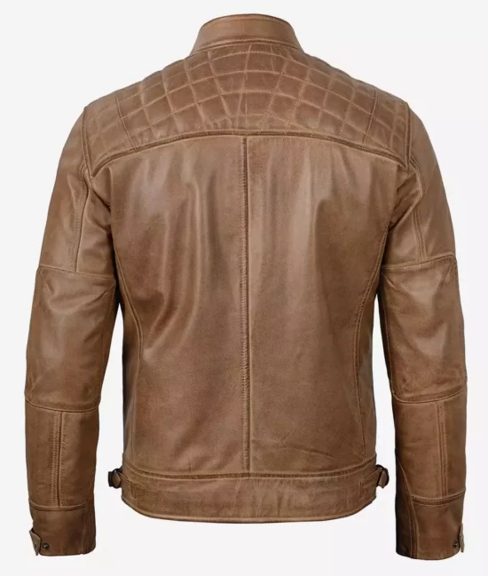 Mens Tall Camel Brown Biker Quilted Genuine Leather Jacket