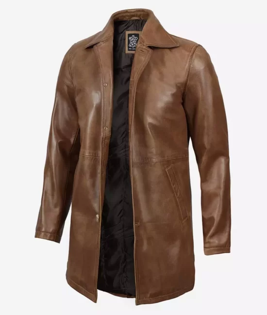 Men's Tall Camel Brown Leather Coat